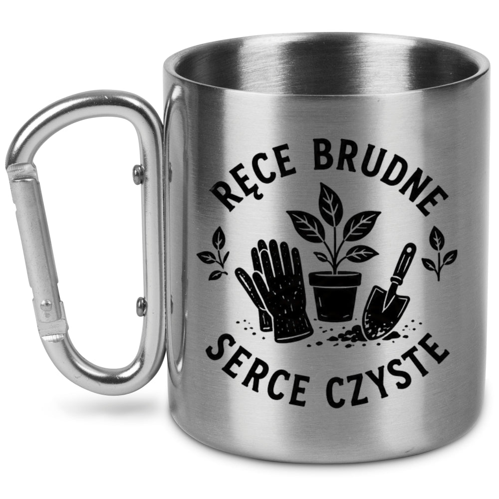 Kubek metalowy z karabińczykiem i nadrukiem „Ręce brudne, serce czyste” – na działkę #3