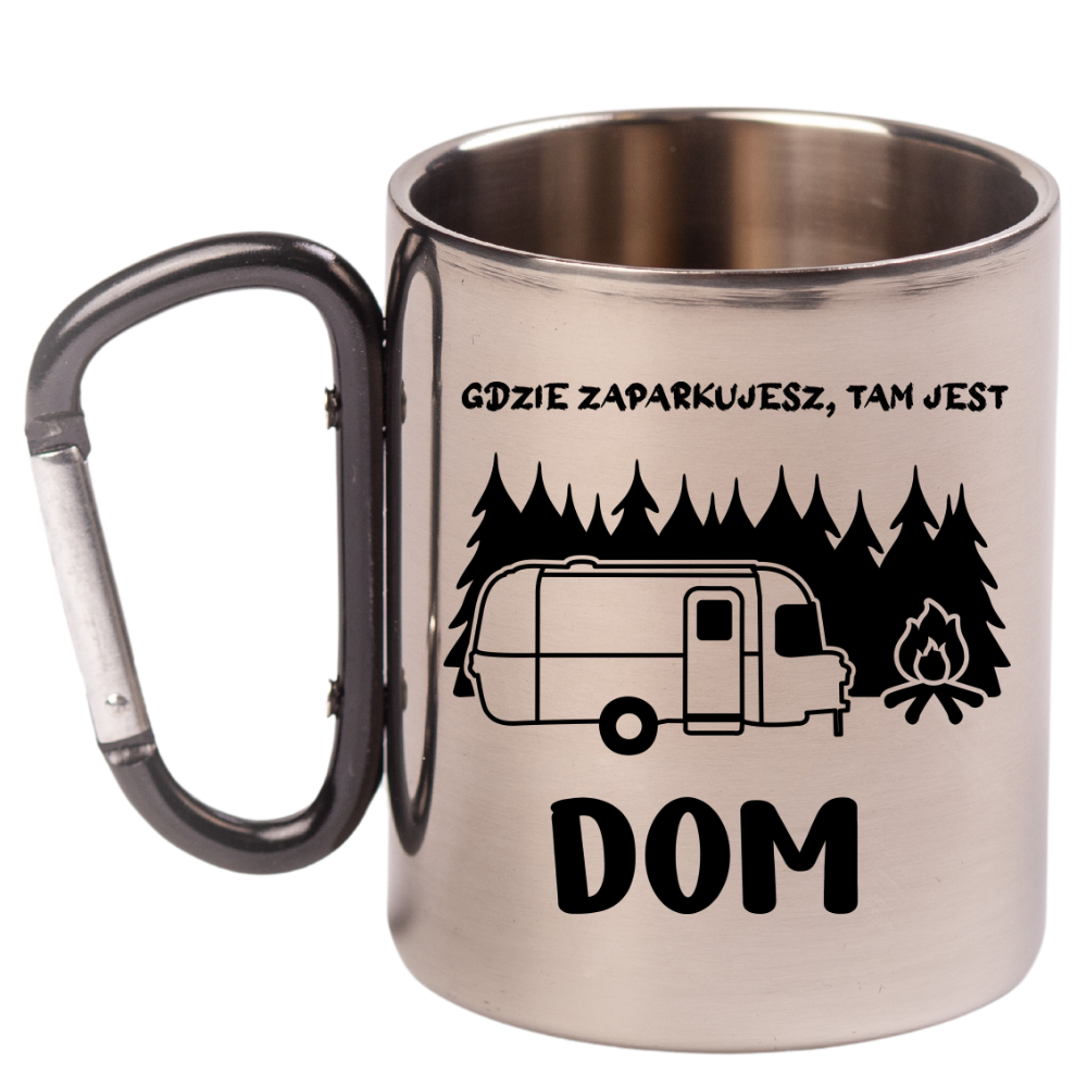 Kubek z czarnym karabińczykiem, nadrukiem "Gdzie zaparkujesz, tam jest dom" – camping, camper #5