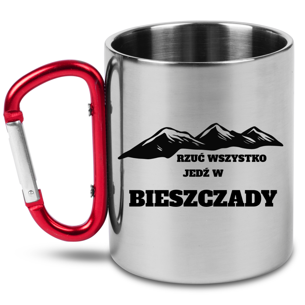 Kubek z czerwonym karabińczykiem i nadrukiem "Rzuć wszystko, jedź w Bieszczady" #4