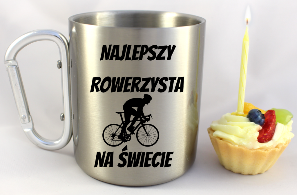 Kubek ze srebrnym karabińczykiem z nadrukiem „Najlepszy rowerzysta na świecie” – dla rowerzysty #11