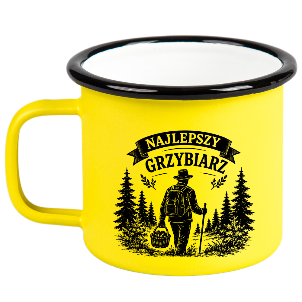 Kubek emaliowany żółty z nadrukiem „Najlepszy Grzybiarz” – na grzyby #4