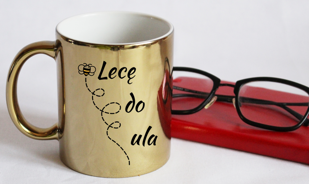Kubek złoty z nadrukiem „Lecę do ula” – pszczelarstwo #7