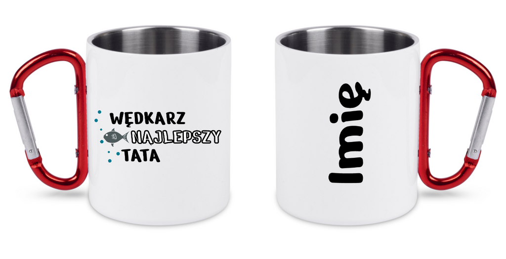 Kubek biały z czerwonym karabińczykiem i nadrukiem "Wędkarz najlepszy tata" – dla taty, dzień ojca, wędkarstwo #10