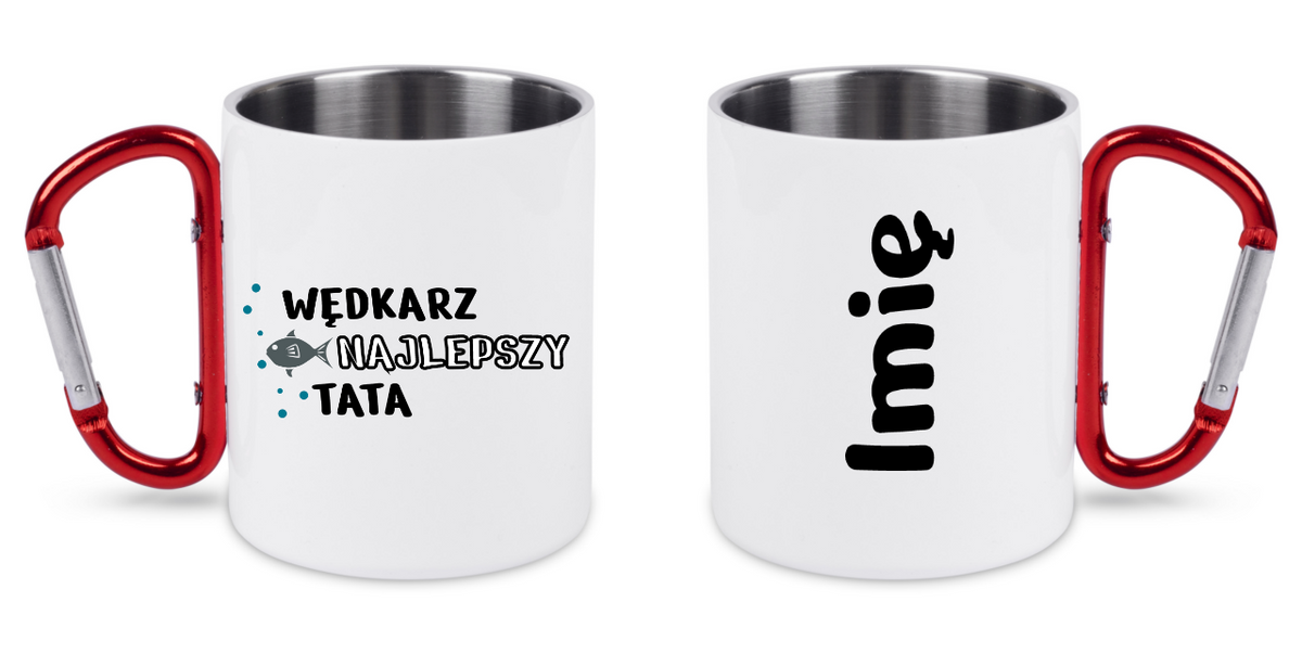 Kubek biały z czerwonym karabińczykiem i nadrukiem "Wędkarz najlepszy tata" – dla taty, dzień ojca, wędkarstwo #10