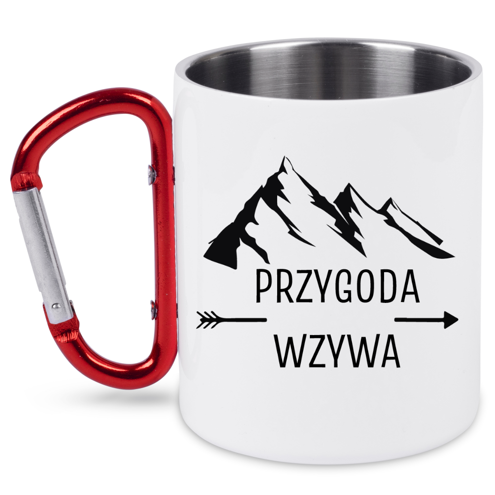 Kubek biały z czerwonym karabińczykiem, nadruk „Przygoda wzywa” - podróż, przygody #3