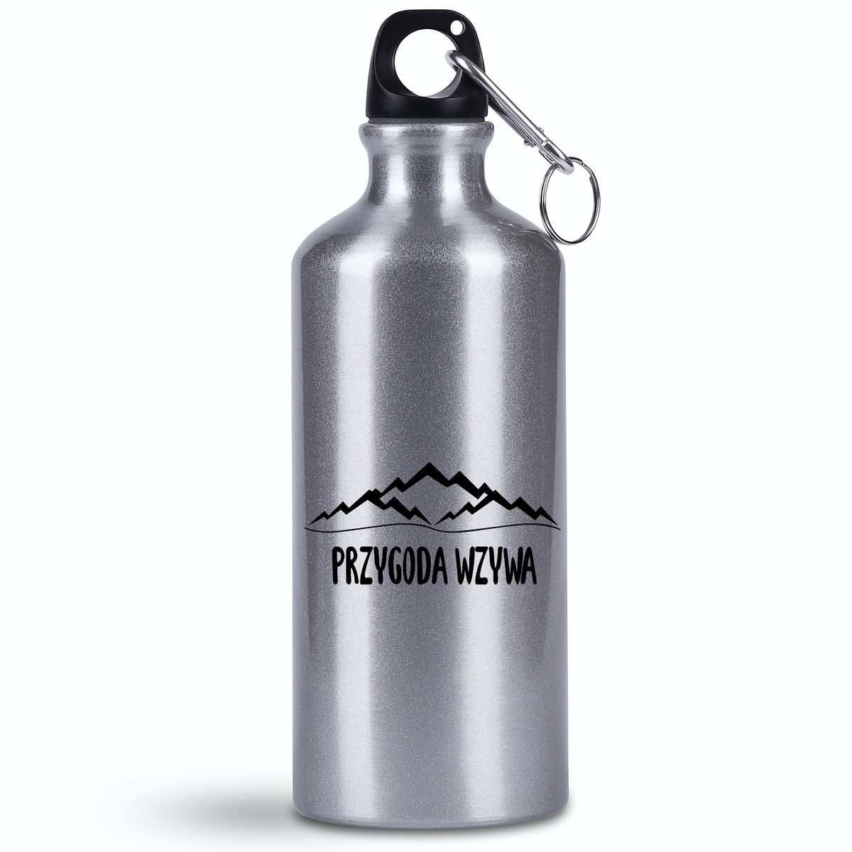 Bidon srebrny 500 ml z grafiką „Przygoda wzywa” – przygody, podróże #7