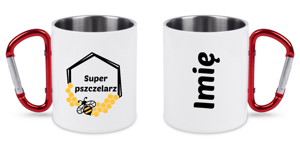 Kubek biały z czerwonym karabińczykiem i nadrukiem „Super pszczelarz” – pszczelarstwo #11