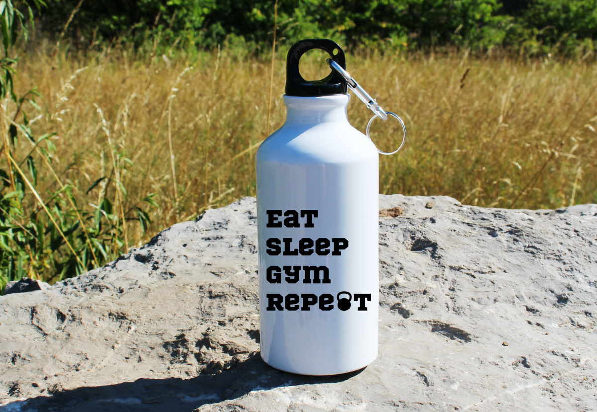 Bidon biały 400 ml na siłownię z nadrukiem "Eat Sleep Gym Repeat" – siłownia #6