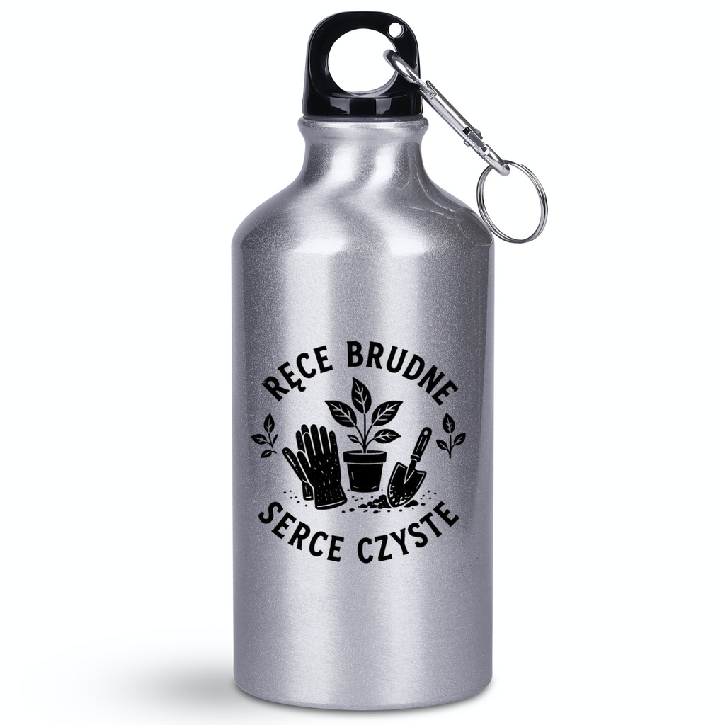Butelka srebrna 400 ml z nadrukiem „Ręce brudne, serce czyste” – do ogrodu #3