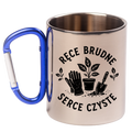 Kubek niebieski karabińczyk „Ręce brudne, serce czyste” – na działkę #3