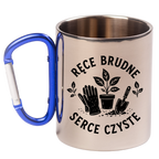 Kubek niebieski karabińczyk „Ręce brudne, serce czyste” – na działkę #3