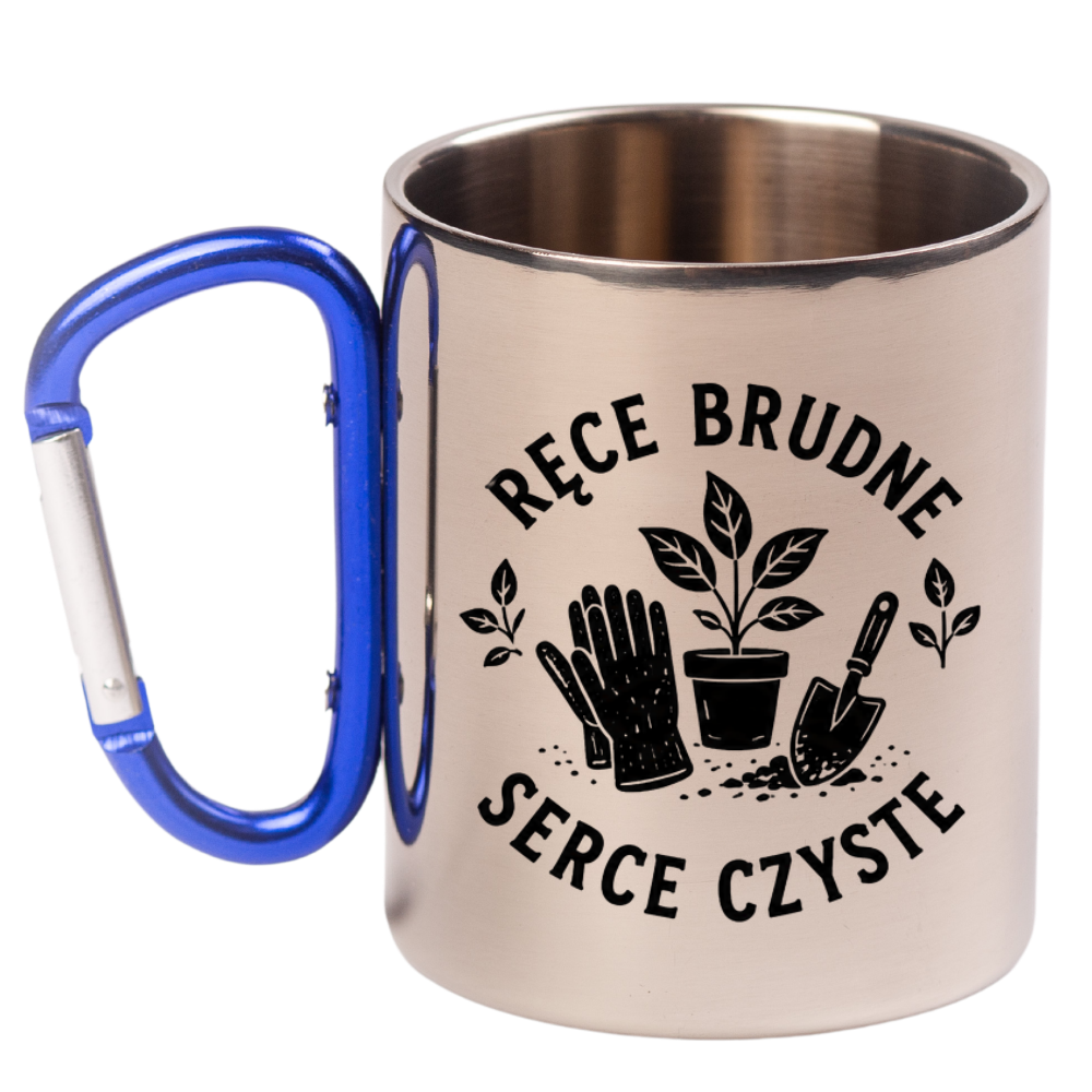 Kubek niebieski karabińczyk „Ręce brudne, serce czyste” – na działkę #3