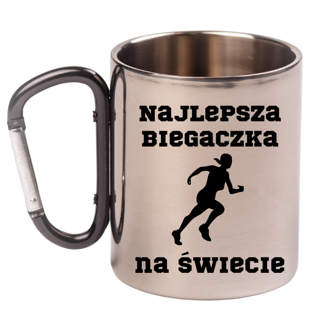 Biegowy kubek z karabińczykiem czarnym i nadrukiem "Najlepsza Biegaczka na Świecie" #2