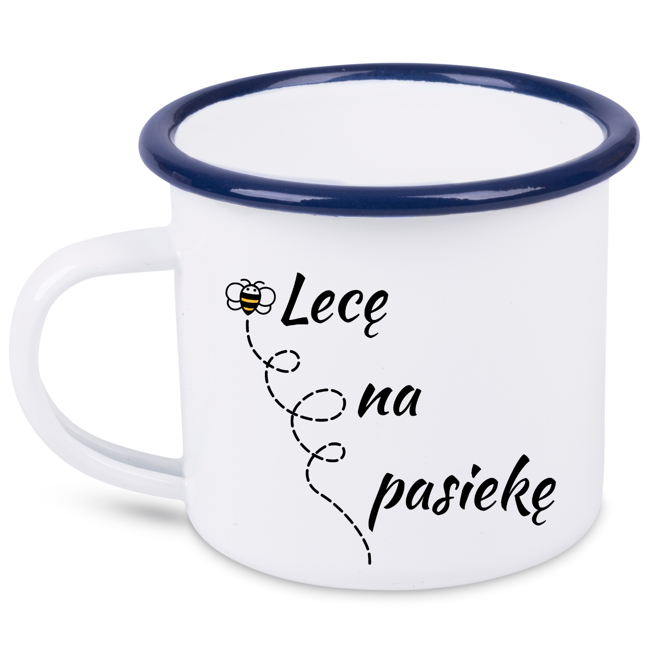 Kubek emaliowany biały z nadrukiem „Lecę na pasiekę” – pszczelarstwo #8