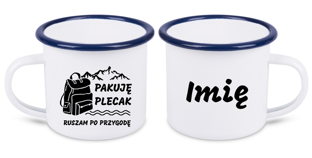 Kubek emaliowany biały z nadrukiem „Pakuję plecak, ruszam po przygodę” – góry #3