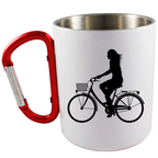 Kubek biały z czerwonym karabińczykiem i grafiką roweru oraz imieniem do wyboru – dla rowerzystki #6