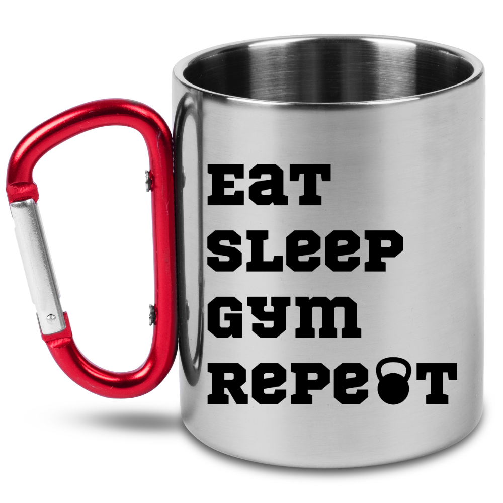 Kubek z czerwonym karabińczykiem i nadrukiem "Eat Sleep Gym Repeat" – na siłownię #6