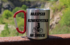 Kubek z czerwonym karabińczykiem i nadrukiem "Najlepsza rowerzystka na świecie" – dla rowerzystki #7