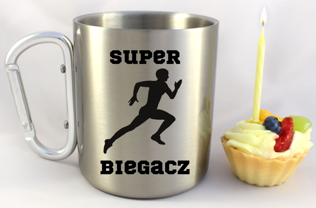 Kubek ze srebrnym karabińczykiem – z nadrukiem "Super Biegacz" – bieganie #7