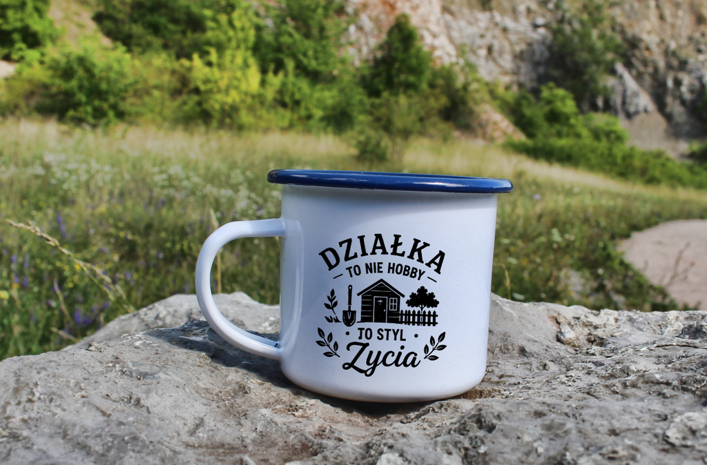 Kubek emaliowany biały z nadrukiem „Działka to nie hobby, to styl życia” – ogród, działka #8
