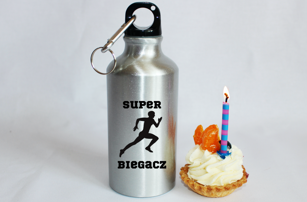 Butelka srebrna 400 ml z nadrukiem "Super Biegacz" – bieganie #7