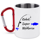 Kubek biały z czerwonym karabińczykiem i nadrukiem "Kubek Super Wędkarza" #1