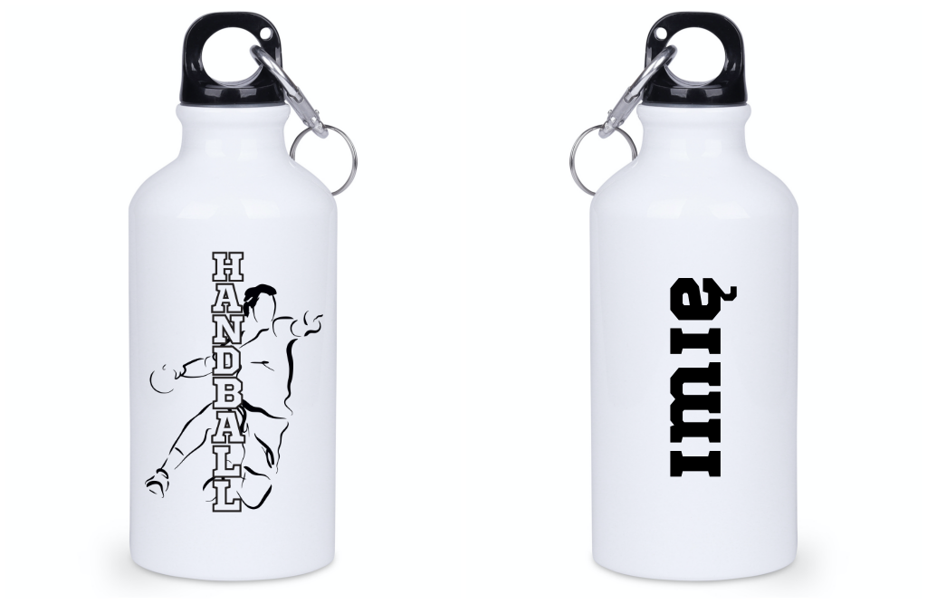 Bidon na wodę 400 ml z czarnym napisem "HANDBALL" i grafiką piłkarza #5
