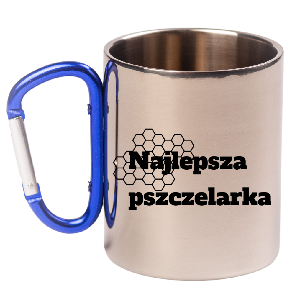 Kubek z niebieskim uchem karabińczykiem z nadrukiem "Najlepsza pszczelarka" #3