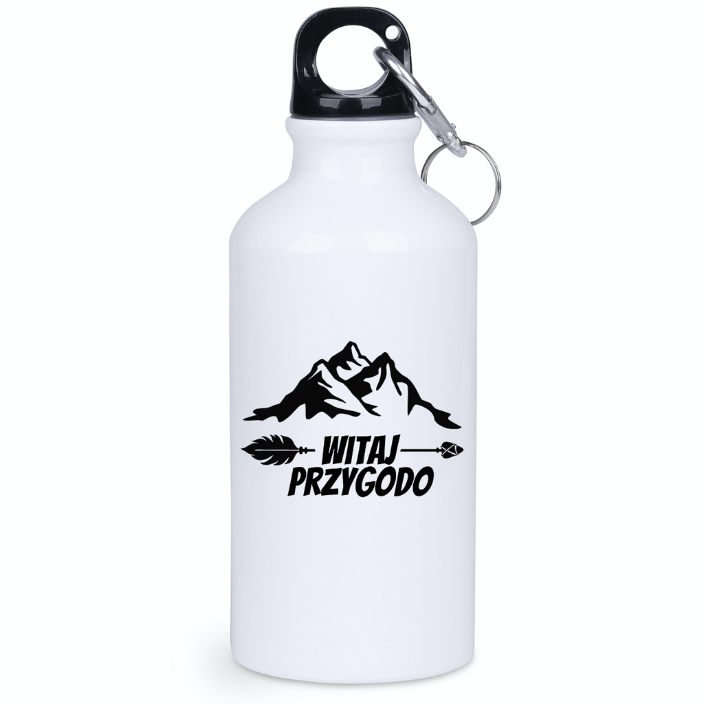 Butelka biała 400 ml z nadrukiem „Witaj przygodo” – podróż, wyprawa #11