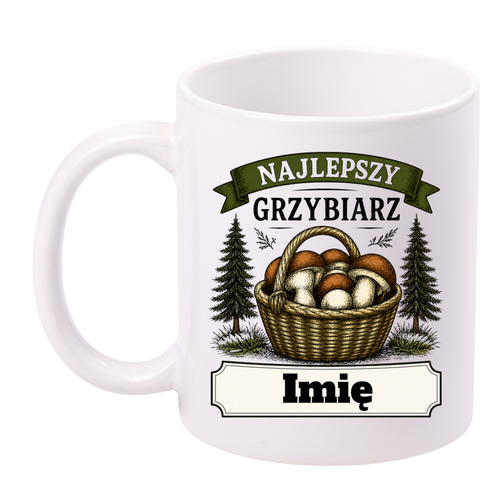 Kubek biały z nadrukiem „Najlepszy Grzybiarz” z imieniem do wyboru – grzyby #5