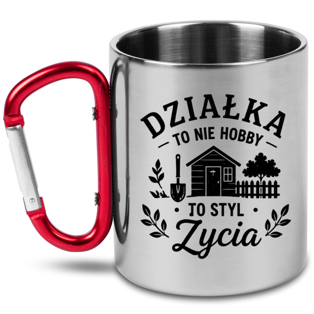 Kubek z czerwonym karabińczykiem „Działka to nie hobby, to styl życia” – do ogrodu #4