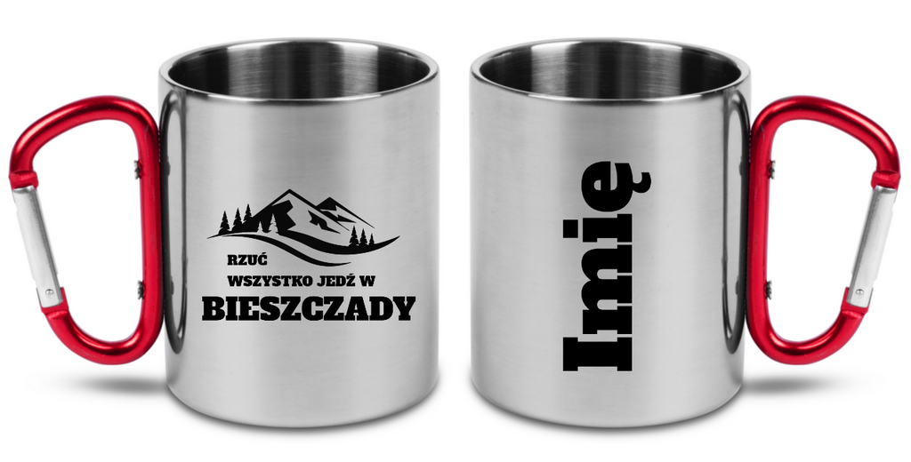 Kubek z czerwonym karabińczykiem i nadrukiem "Rzuć wszystko, jedź w Bieszczady" #5