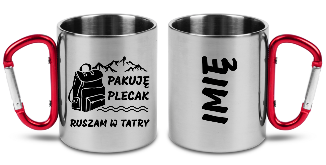Kubek z czerwonym karabińczykiem i nadrukiem "Pakuję plecak, ruszam w Tatry" - trekking, góry #1