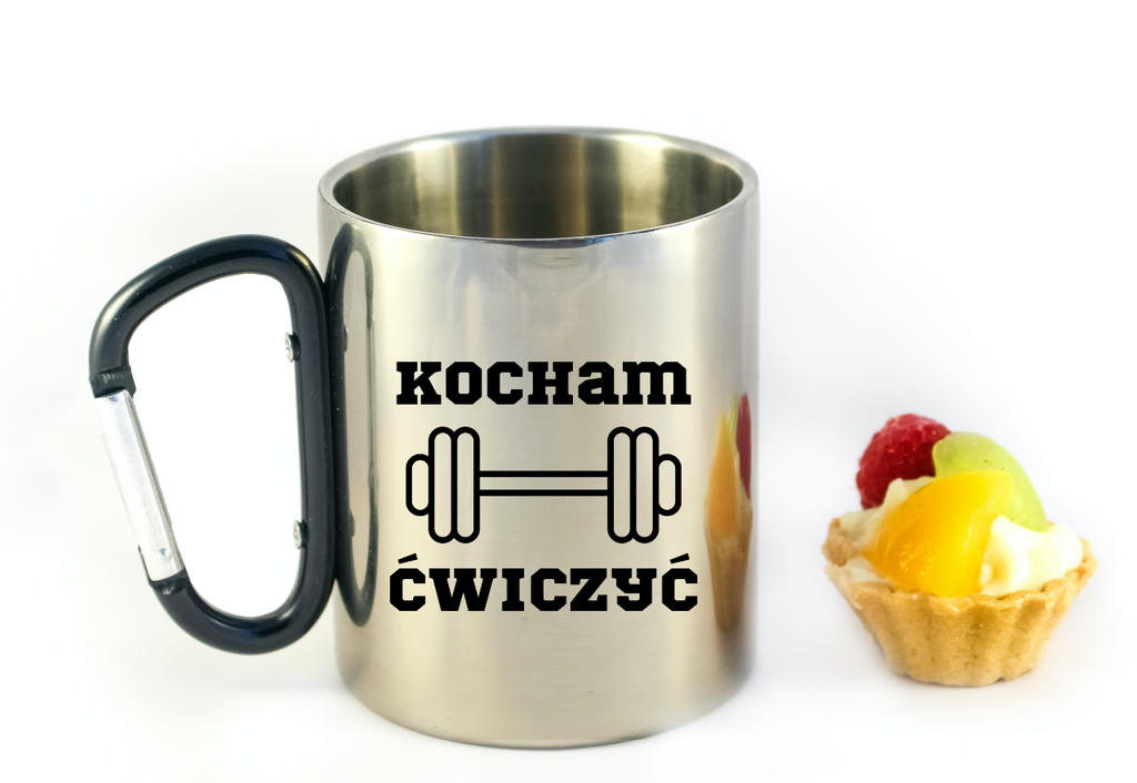 Kubek czarny karabińczyk z nadrukiem "Kocham Ćwiczyć" – siłownia #2