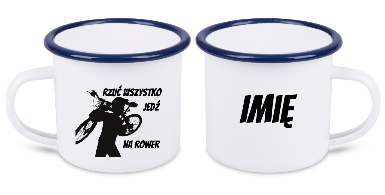 Kubek emaliowane biały z nadrukiem "Rzuć wszystko, jedź na rower" - dla rowerzystów #1
