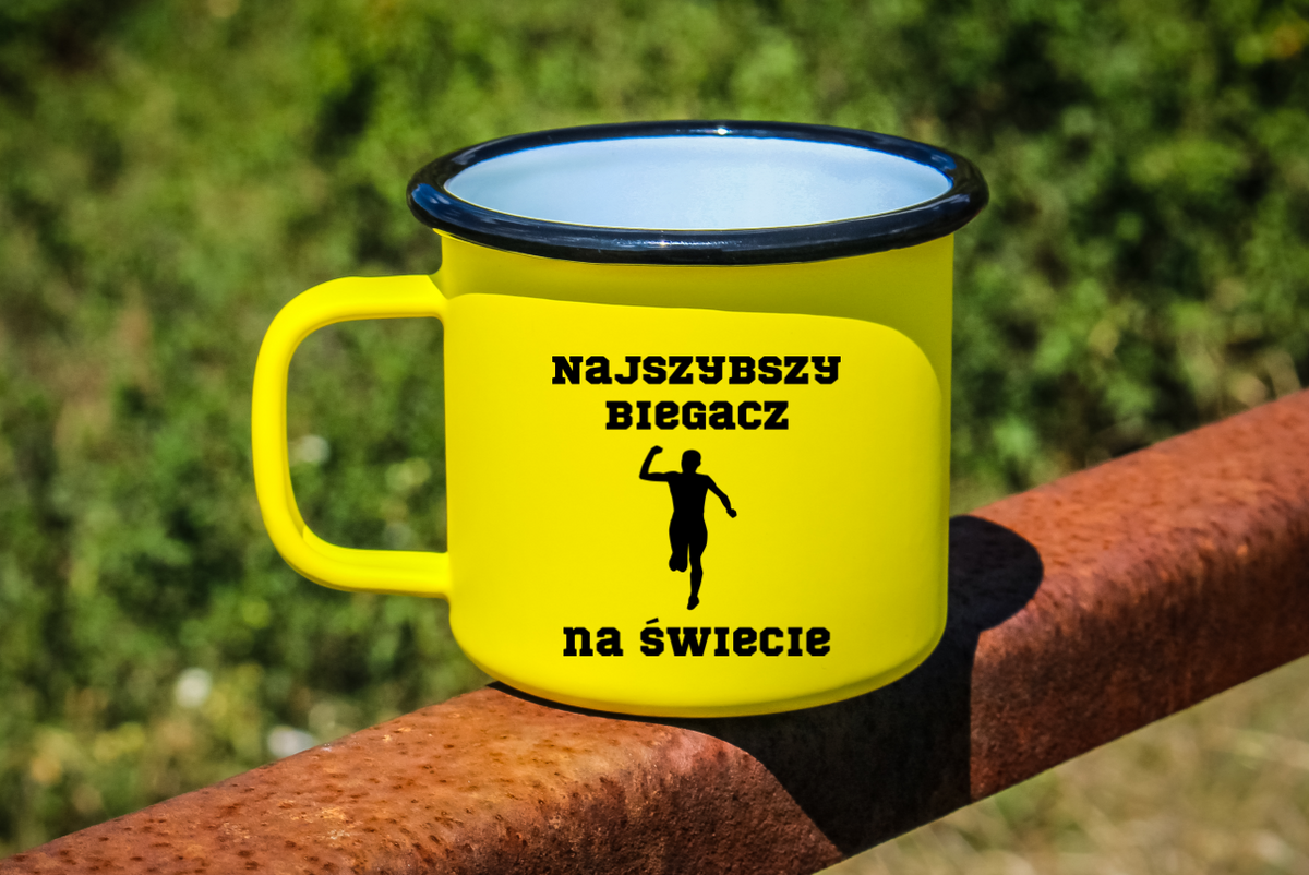 Kubek emaliowany żółty z nadrukiem "Najszybszy Biegacz na Świecie" – bieganie #4
