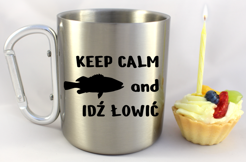 Kubek ze srebrnym karabińczykiem i nadrukiem "KEEP CALM and IDŹ ŁOWIĆ" #6