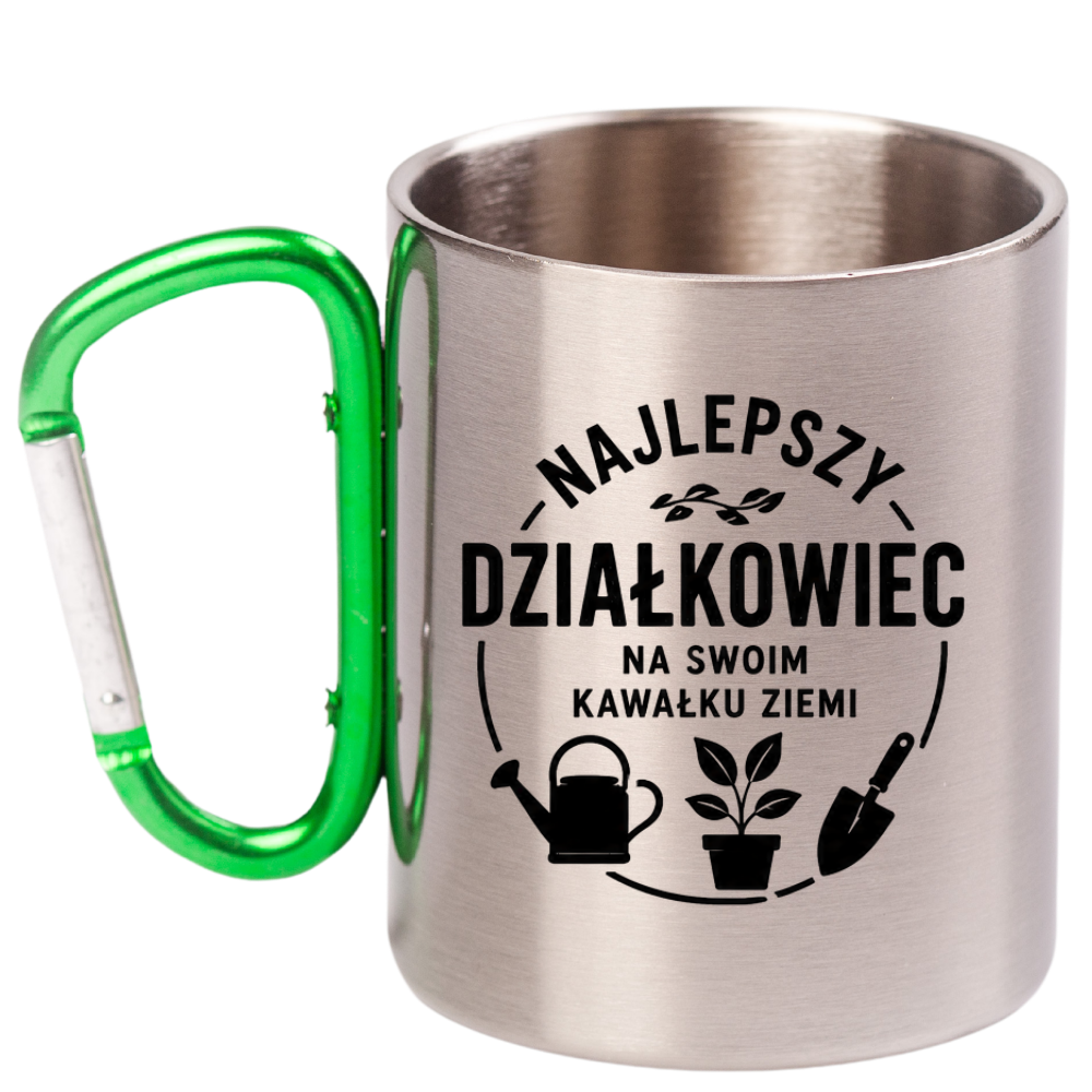 Kubek z zielonym karabińczykiem z nadrukiem „Najlepszy działkowiec na swoim kawałku ziemi” – działka, ogród #5