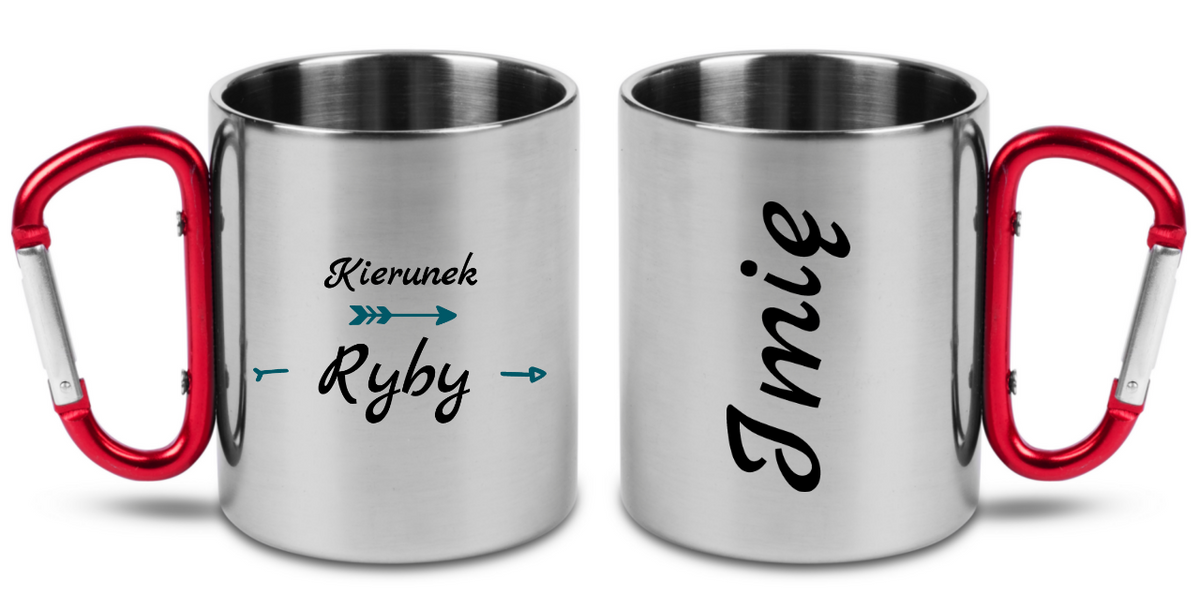 Kubek z czerwonym karabińczykiem i nadrukiem "Kierunek ryby" - wędkarstwo #4