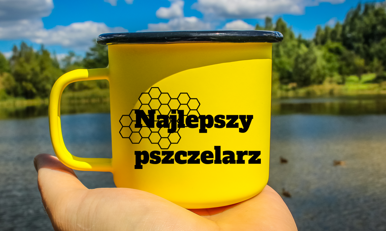 Kubek emaliowany żółty z napisem „Najlepszy Pszczelarz” – pszczelarstwo #4