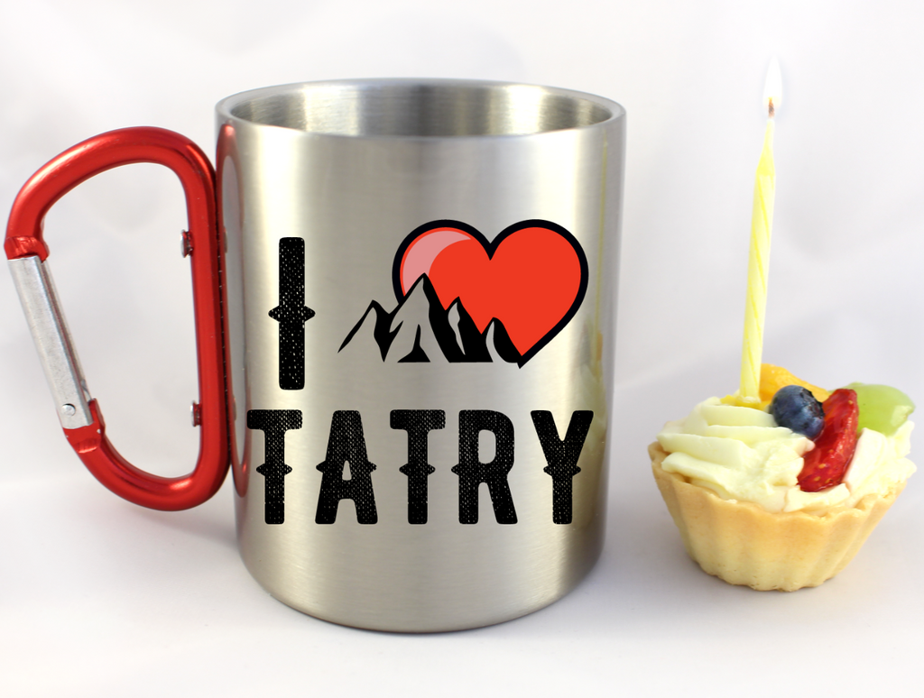 Kubek srebrny 300 ml z czerwonym karabińczykiem i nadrukiem „I love Tatry” - góry #10