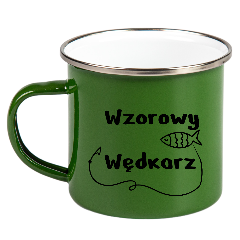 Kubek emaliowany zielony z nadrukiem "Wzorowy Wędkarz" #1