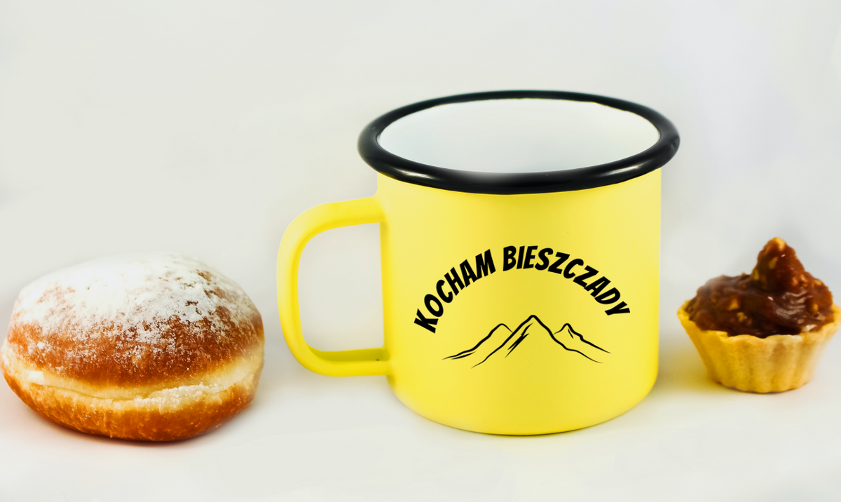 Kubek emaliowany żółty z nadrukiem "Kocham Bieszczady" - góry #2