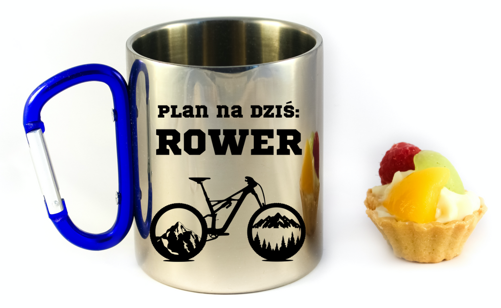 Kubek z niebieskim karabińczykiem, nadruk "Plan na dziś: rower" – dla rowerzysty #9