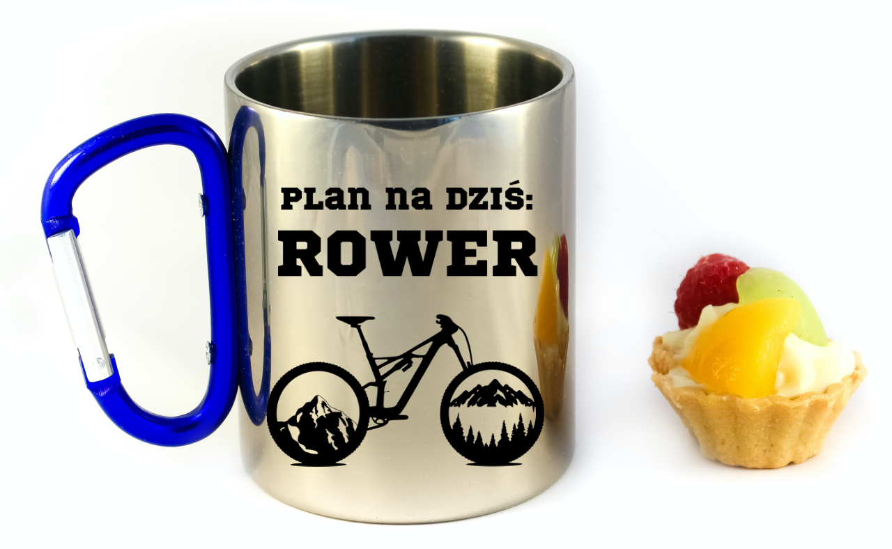 Kubek z niebieskim karabińczykiem, nadruk "Plan na dziś: rower" – dla rowerzysty #9