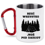 Kubek biały z czerwonym karabińczykiem z nadrukiem „Rzuć wszystko, jedź pod namiot” – camping, namioty #9