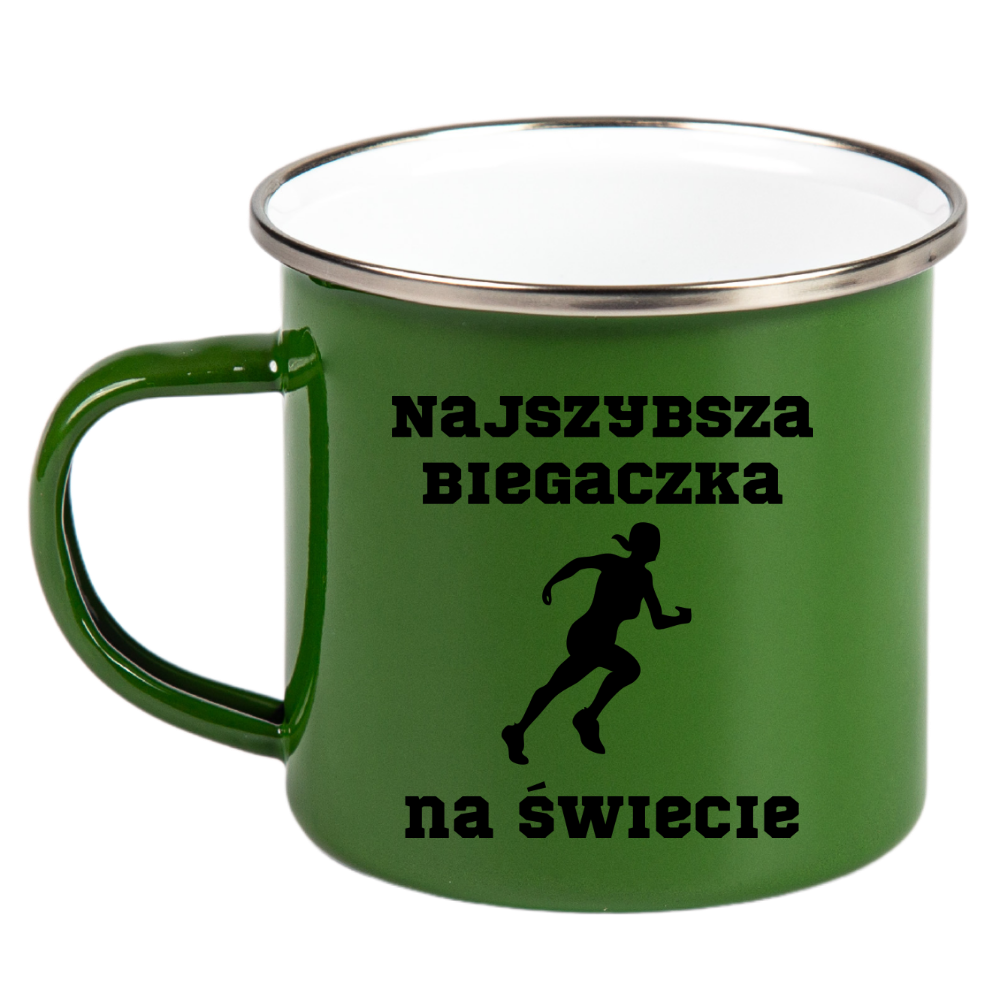 Kubek emaliowany zielony z nadrukiem "Najszybsza Biegaczka na Świecie" – bieganie #3