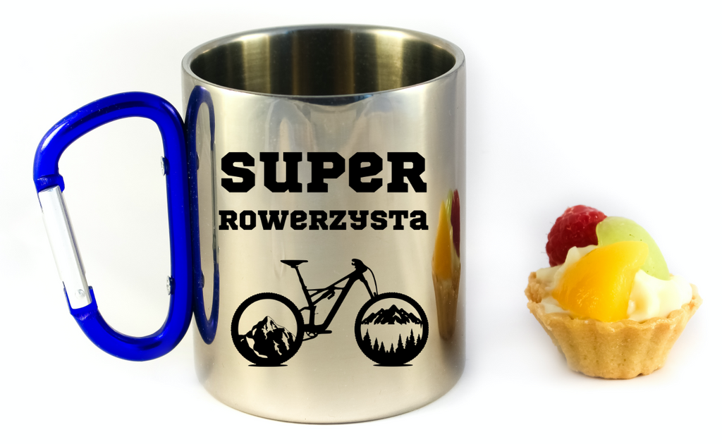 Kubek z niebieskim karabińczykiem, nadruk "Super Rowerzysta" – dla rowerzysty #8