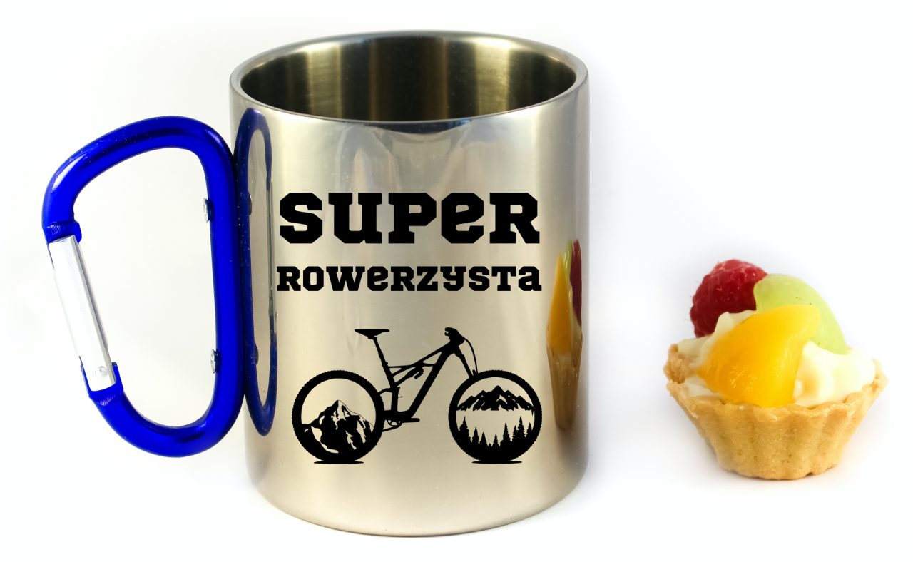 Kubek z niebieskim karabińczykiem, nadruk "Super Rowerzysta" – dla rowerzysty #8