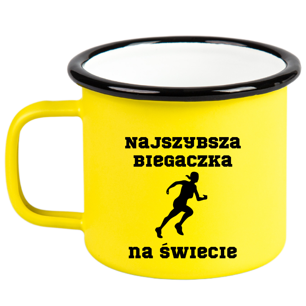 Kubek emaliowany żółty z nadrukiem "Najszybsza Biegaczka na Świecie" – bieganie #3